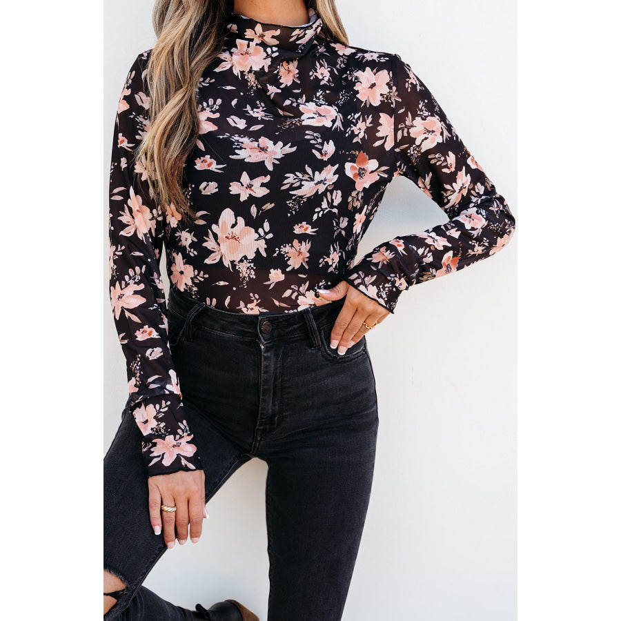 Black Floral Mesh Mock Neck Long Sleeve Slim Fit Top Sale (50% OFF)/Sale (50% OFF)