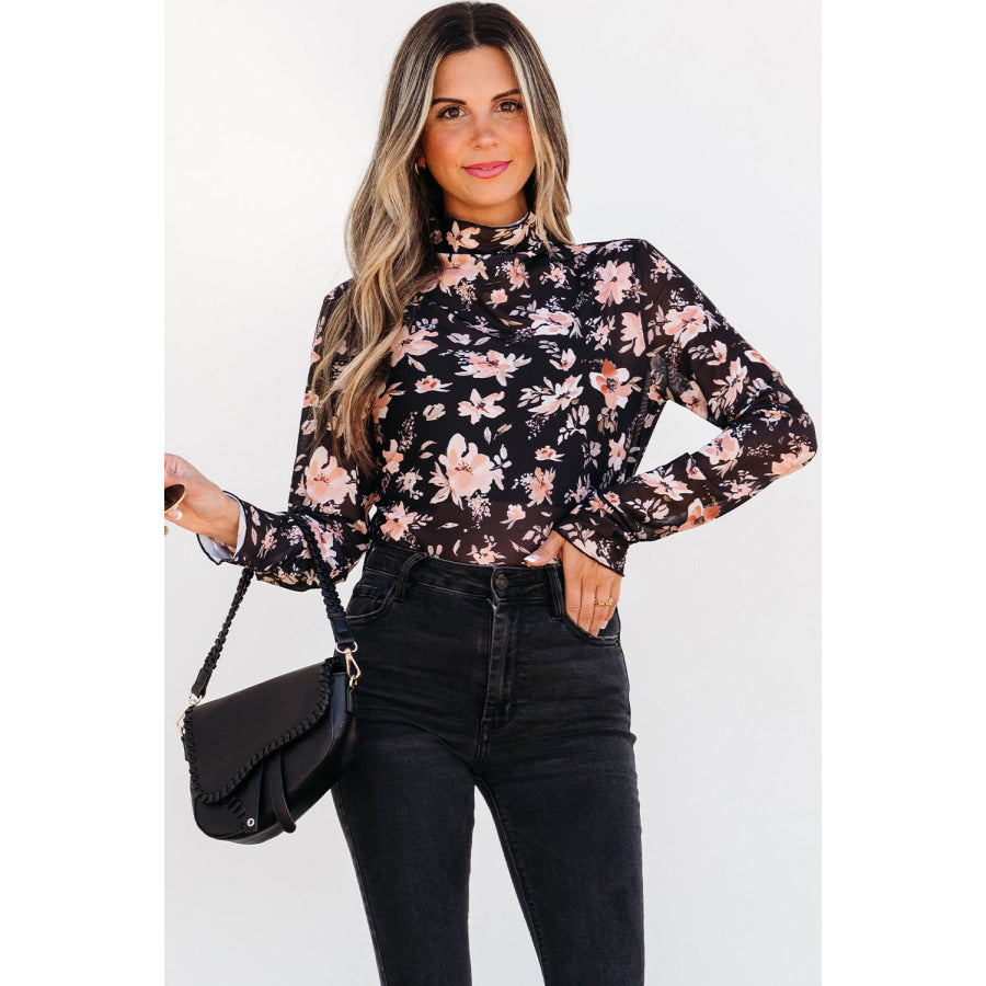 Black Floral Mesh Mock Neck Long Sleeve Slim Fit Top Sale (50% OFF)/Sale (50% OFF)