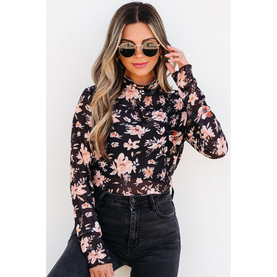 Black Floral Mesh Mock Neck Long Sleeve Slim Fit Top Sale (50% OFF)/Sale (50% OFF)