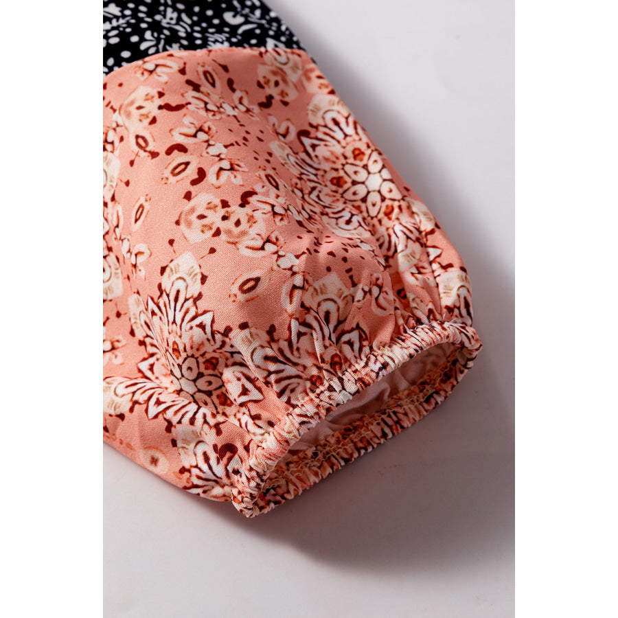 Black Floral Patchwork Textured Knit Drawstring V Neck Blouse Tops/Blouses & Shirts