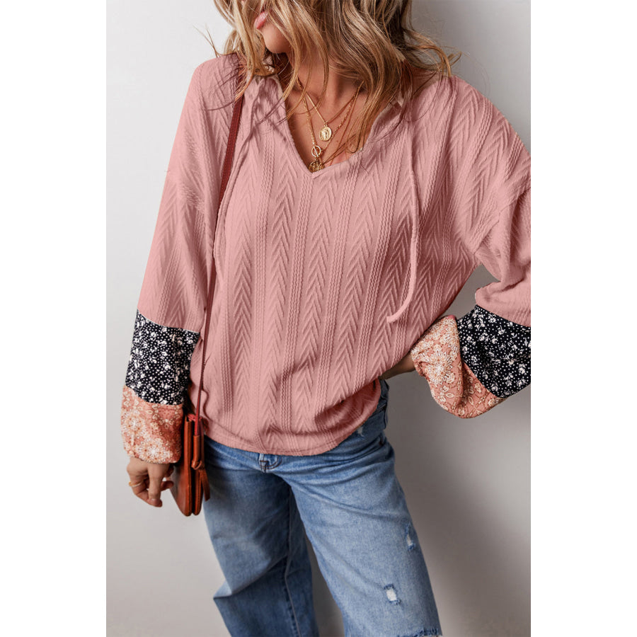 Black Floral Patchwork Textured Knit Drawstring V Neck Blouse Tops/Blouses & Shirts