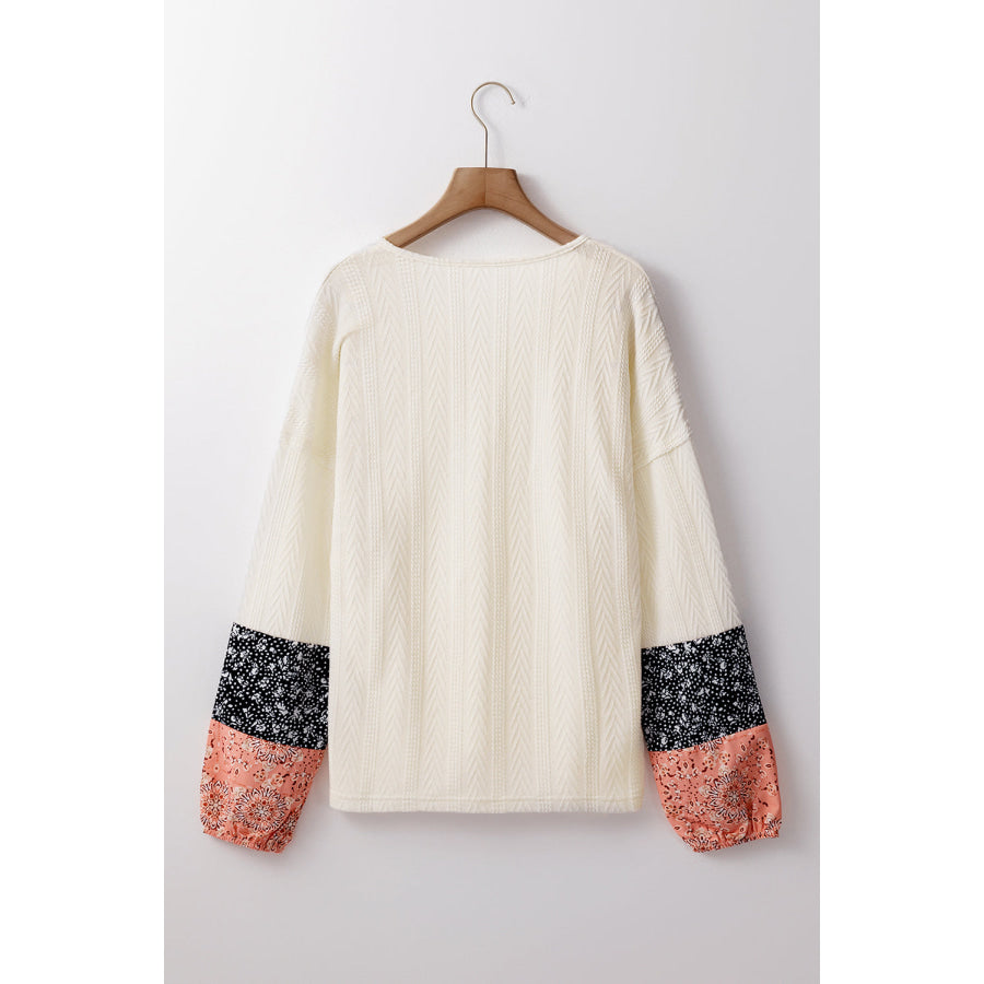 Black Floral Patchwork Textured Knit Drawstring V Neck Blouse Tops/Blouses & Shirts