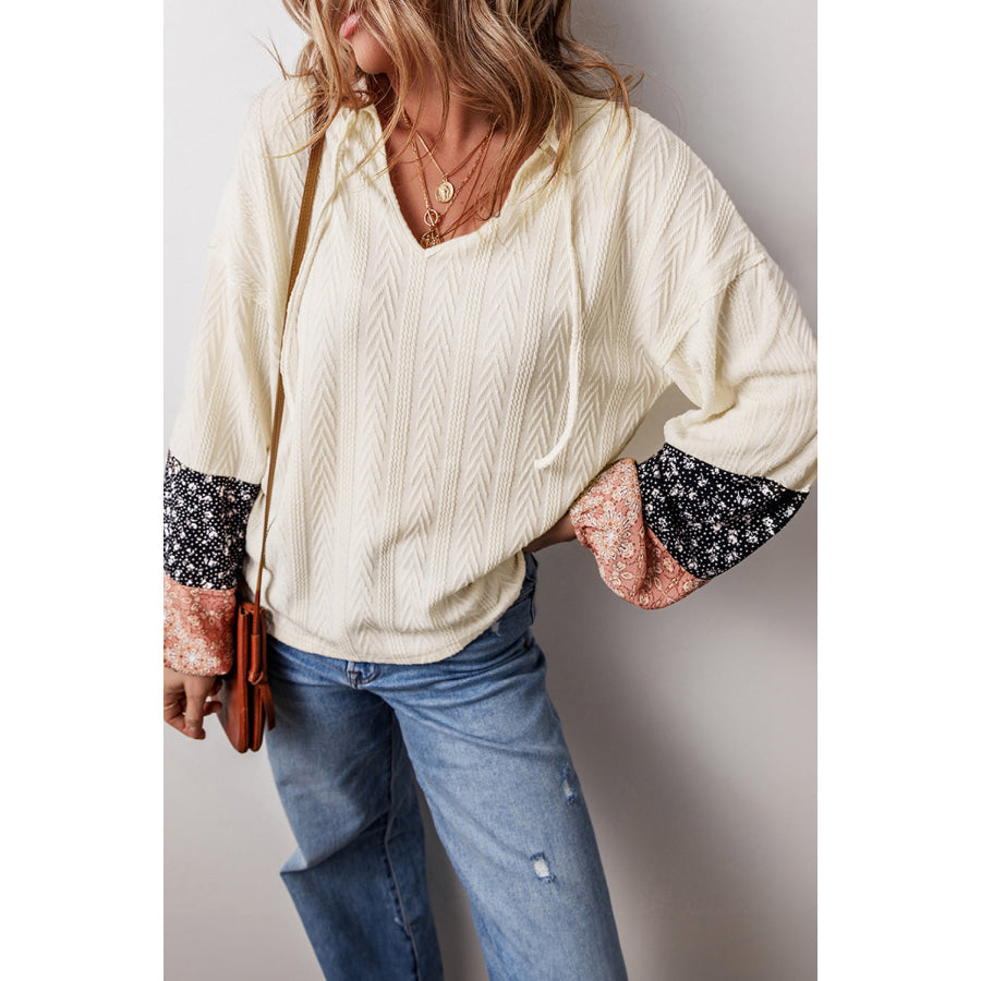 Black Floral Patchwork Textured Knit Drawstring V Neck Blouse Tops/Blouses & Shirts