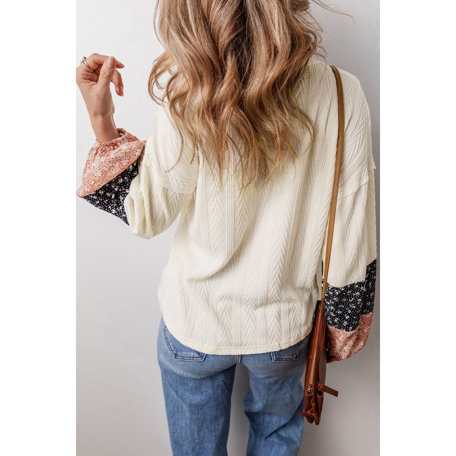 Black Floral Patchwork Textured Knit Drawstring V Neck Blouse Tops/Blouses & Shirts