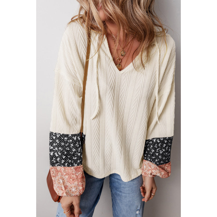 Black Floral Patchwork Textured Knit Drawstring V Neck Blouse Tops/Blouses & Shirts