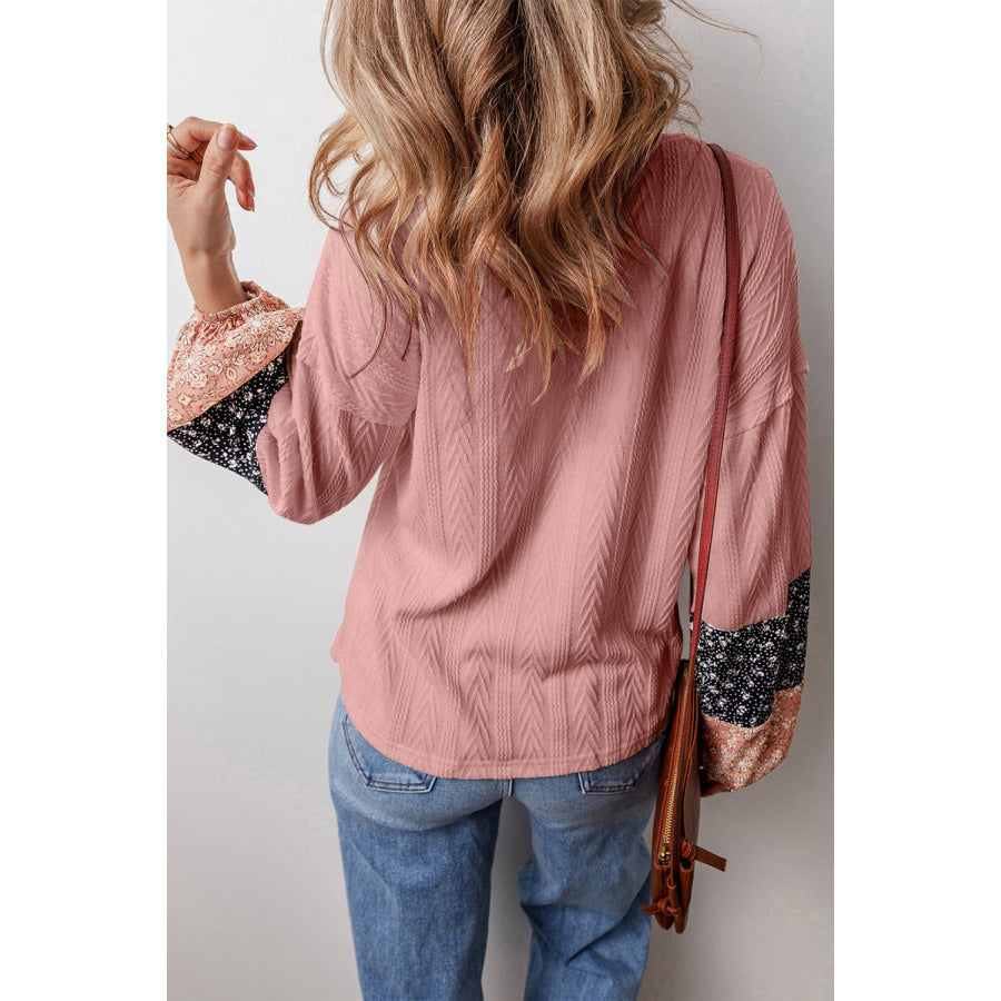 Black Floral Patchwork Textured Knit Drawstring V Neck Blouse Tops/Blouses & Shirts