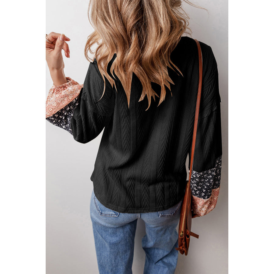 Black Floral Patchwork Textured Knit Drawstring V Neck Blouse Tops/Blouses & Shirts