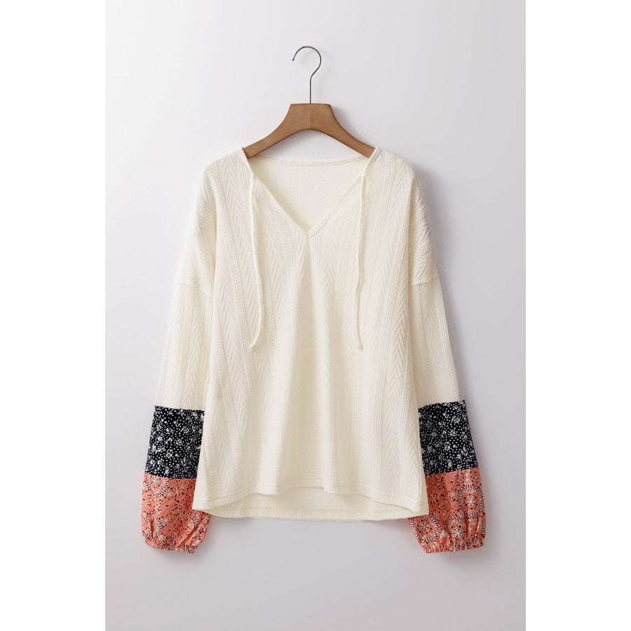 Black Floral Patchwork Textured Knit Drawstring V Neck Blouse Tops/Blouses & Shirts