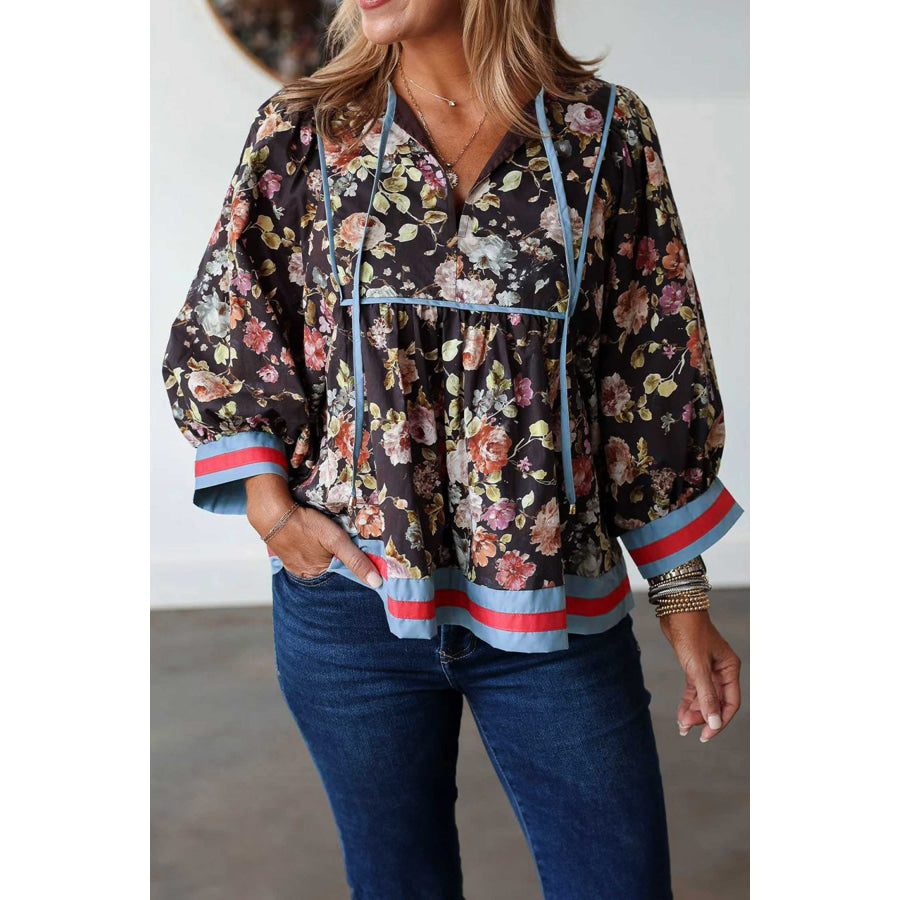 Black Floral Print Contrast Trim Tie V Neck Bracelet Sleeve Blouse Black / S Tops/Blouses & Shirts
