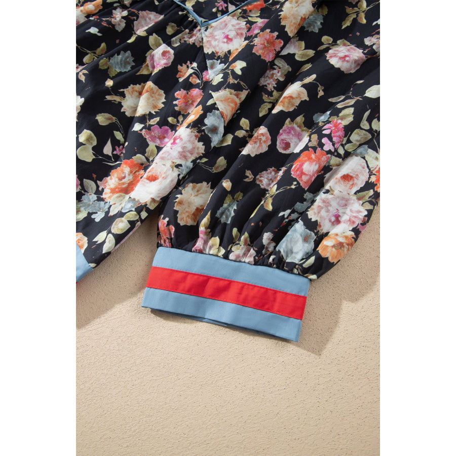 Black Floral Print Contrast Trim Tie V Neck Bracelet Sleeve Blouse Tops/Blouses & Shirts