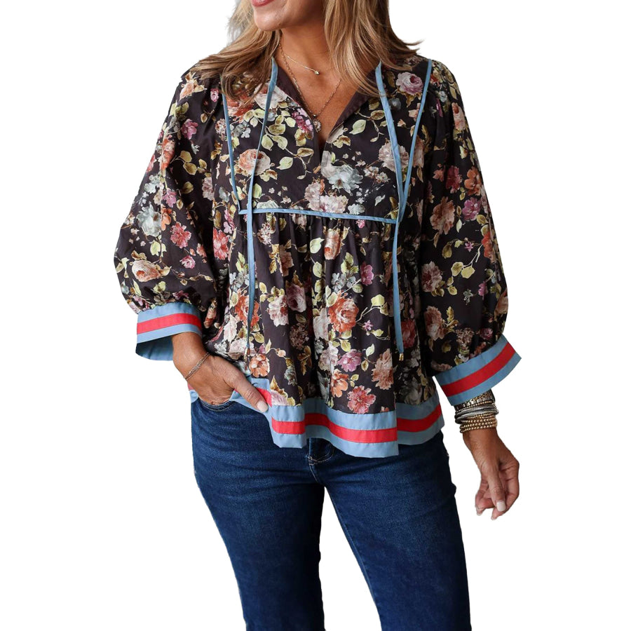 Black Floral Print Contrast Trim Tie V Neck Bracelet Sleeve Blouse Tops/Blouses & Shirts