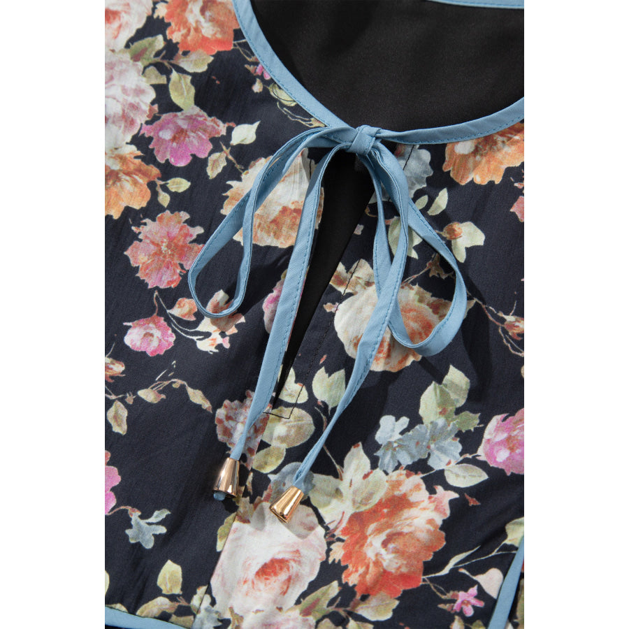 Black Floral Print Contrast Trim Tie V Neck Bracelet Sleeve Blouse Tops/Blouses & Shirts