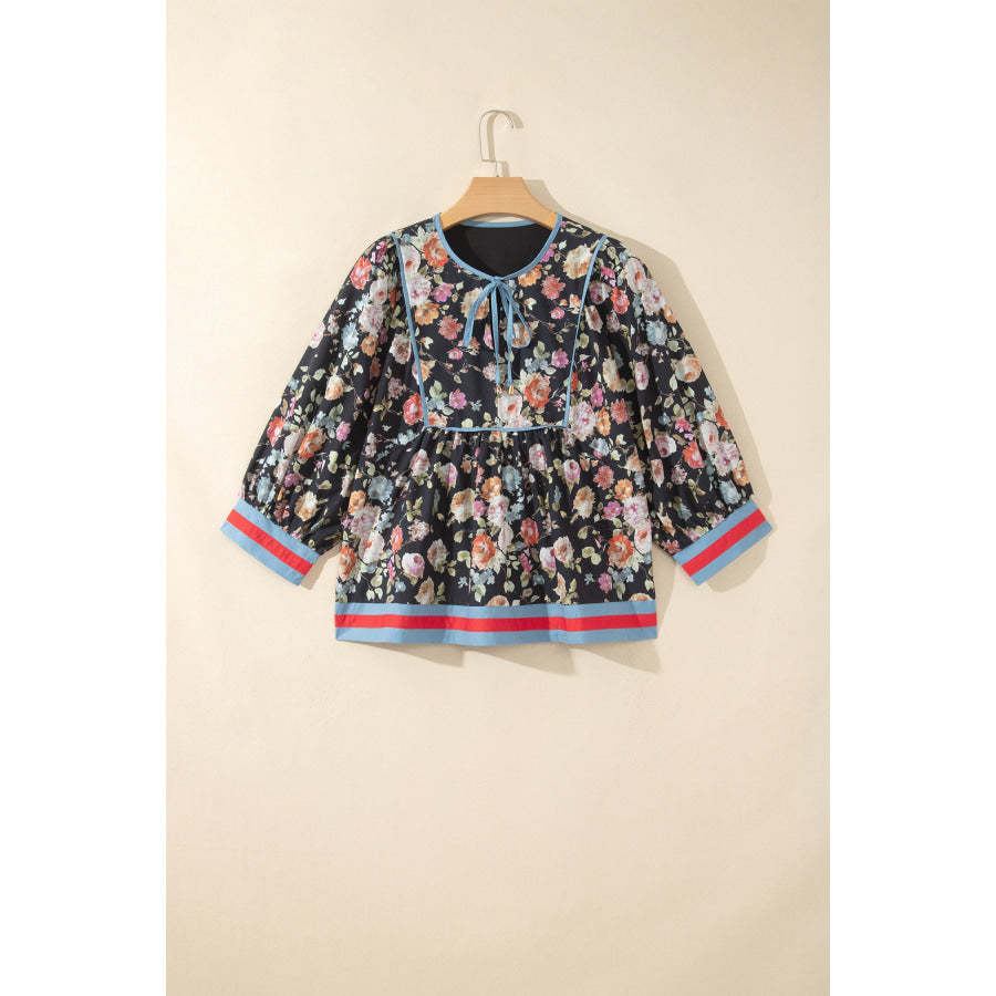 Black Floral Print Contrast Trim Tie V Neck Bracelet Sleeve Blouse Tops/Blouses & Shirts