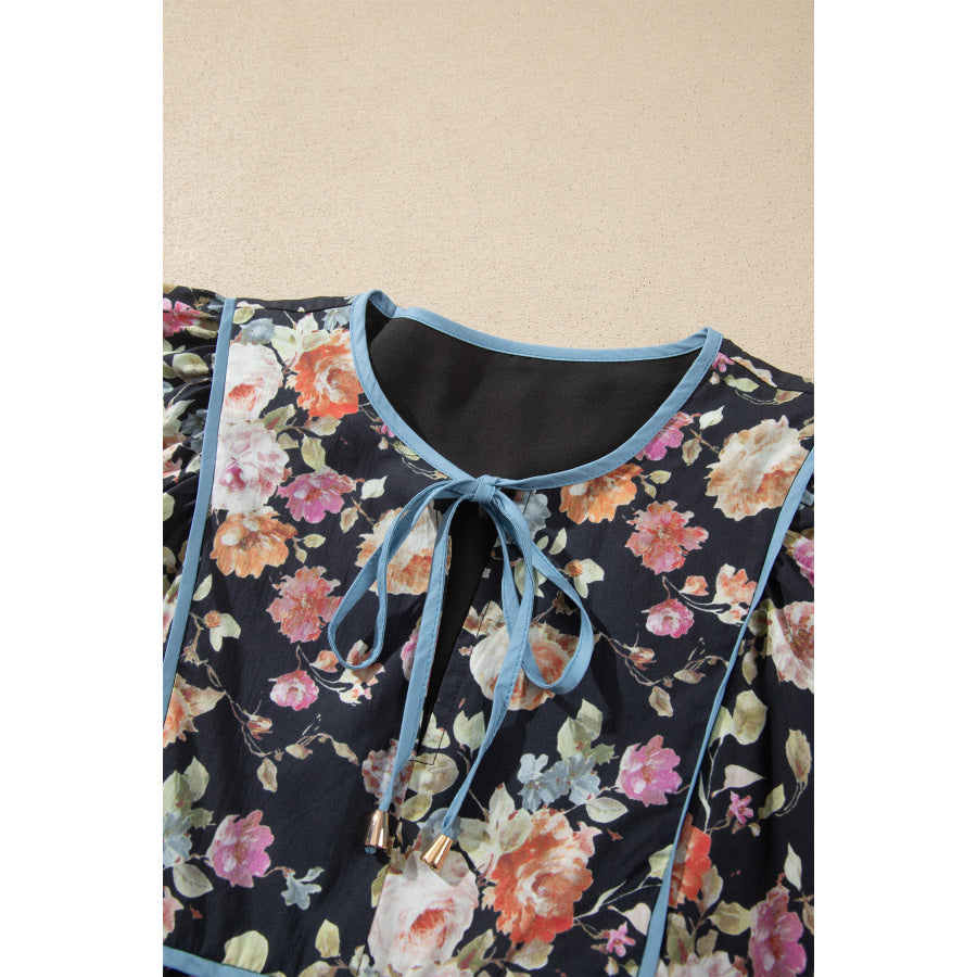 Black Floral Print Contrast Trim Tie V Neck Bracelet Sleeve Blouse Tops/Blouses & Shirts