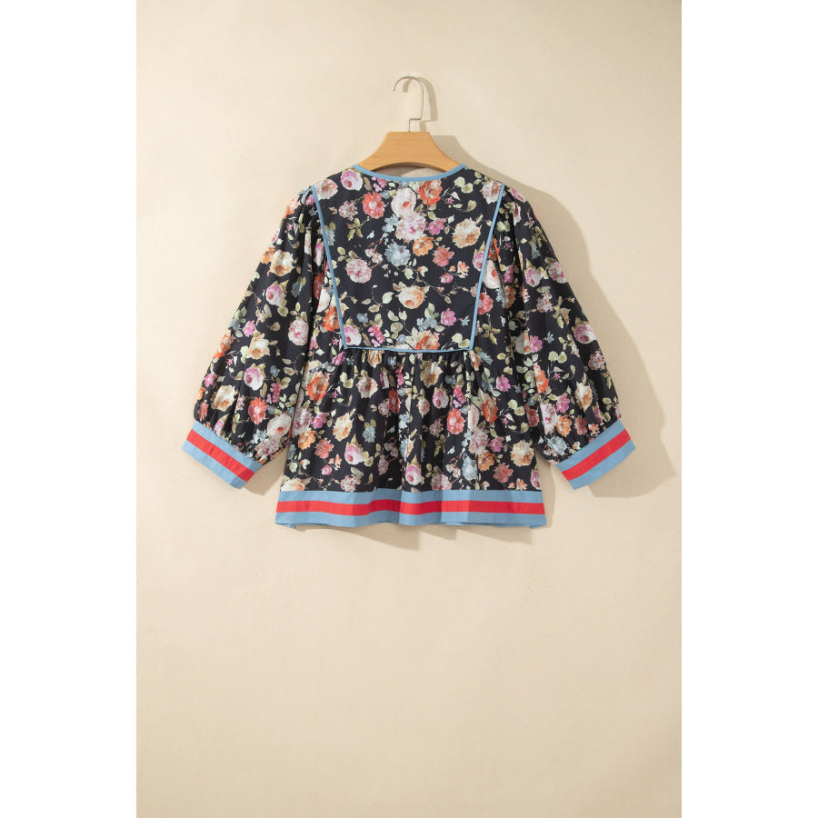 Black Floral Print Contrast Trim Tie V Neck Bracelet Sleeve Blouse Tops/Blouses & Shirts