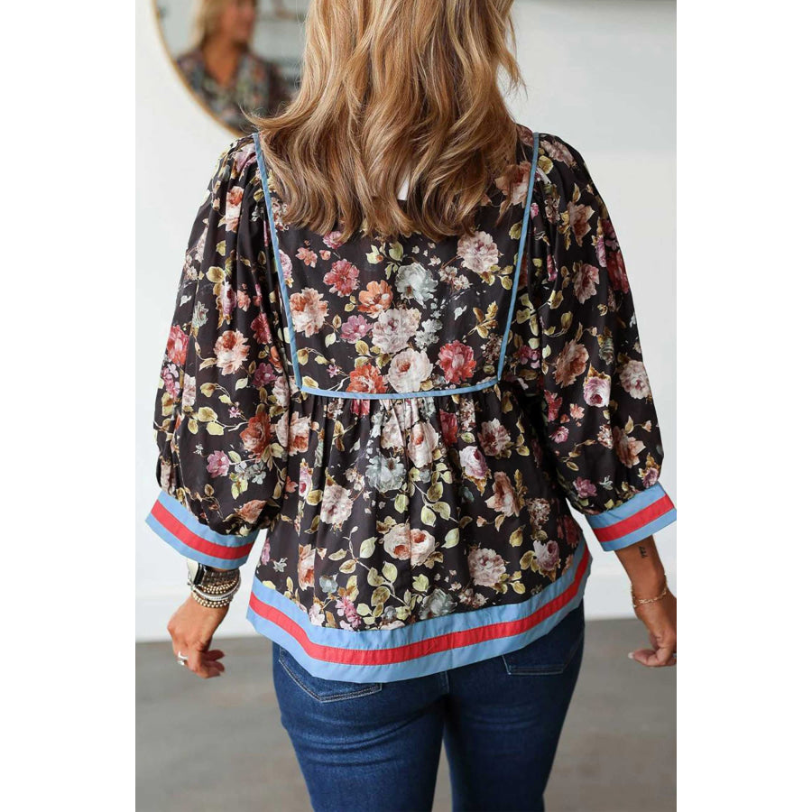 Black Floral Print Contrast Trim Tie V Neck Bracelet Sleeve Blouse Tops/Blouses & Shirts