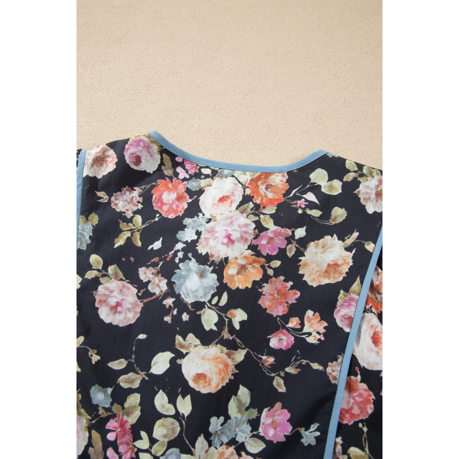 Black Floral Print Contrast Trim Tie V Neck Bracelet Sleeve Blouse Tops/Blouses & Shirts