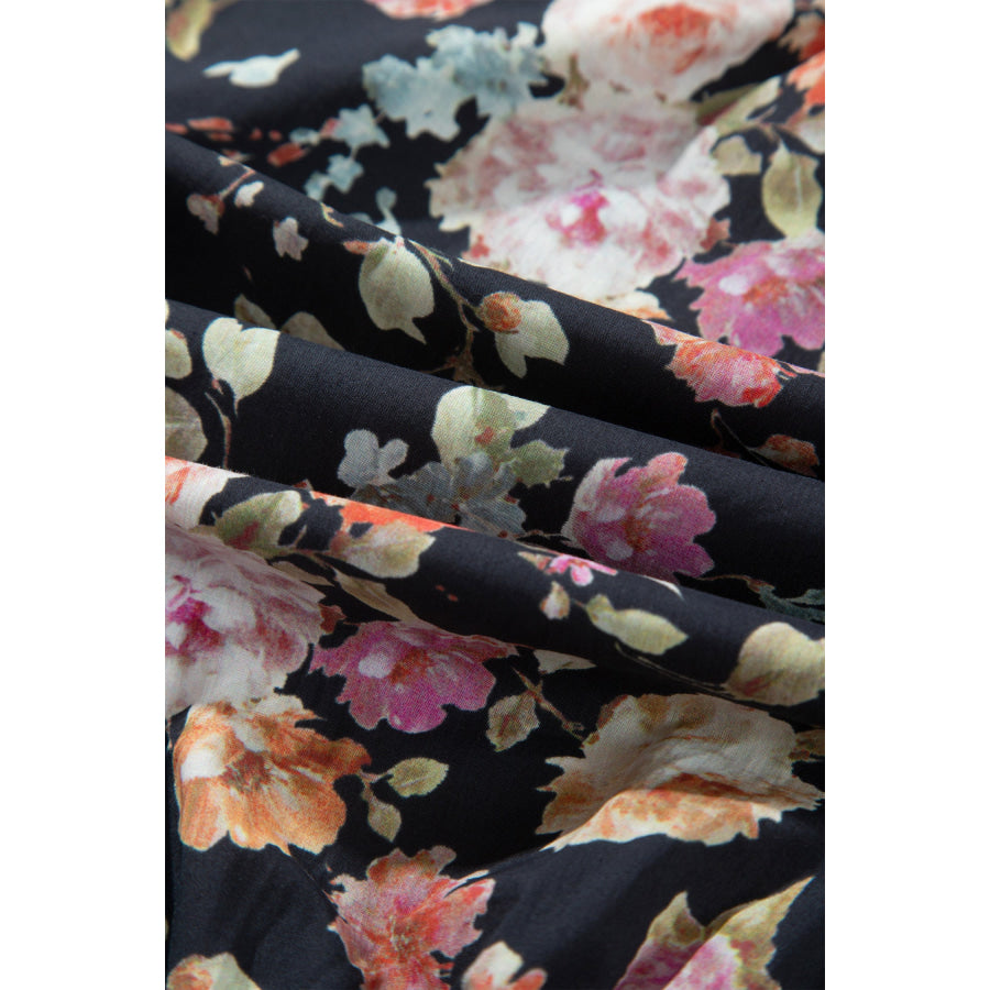 Black Floral Print Contrast Trim Tie V Neck Bracelet Sleeve Blouse Tops/Blouses & Shirts
