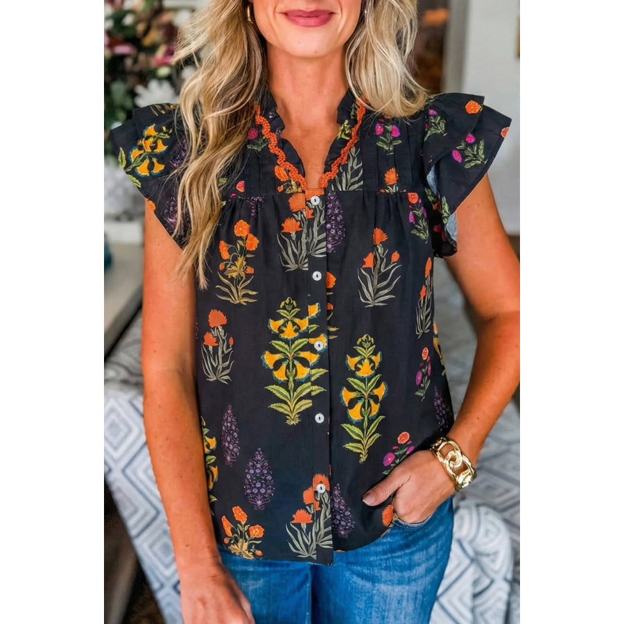 Black Floral Print Lace Trim Frilled V Neck Short Sleeve Shirt Black / S / 55% Cotton + 45% Viscose Tops/Blouses & Shirts