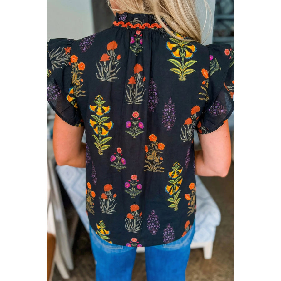 Black Floral Print Lace Trim Frilled V Neck Short Sleeve Shirt Black / S / 55% Cotton + 45% Viscose Tops/Blouses & Shirts