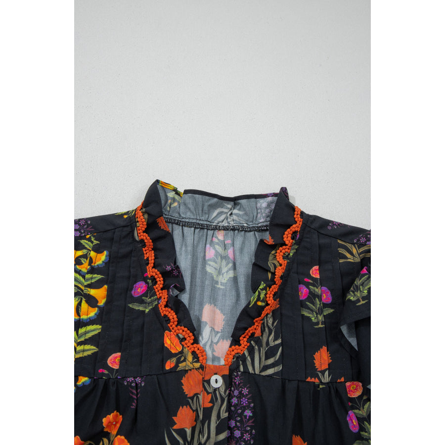 Black Floral Print Lace Trim Frilled V Neck Short Sleeve Shirt Tops/Blouses & Shirts