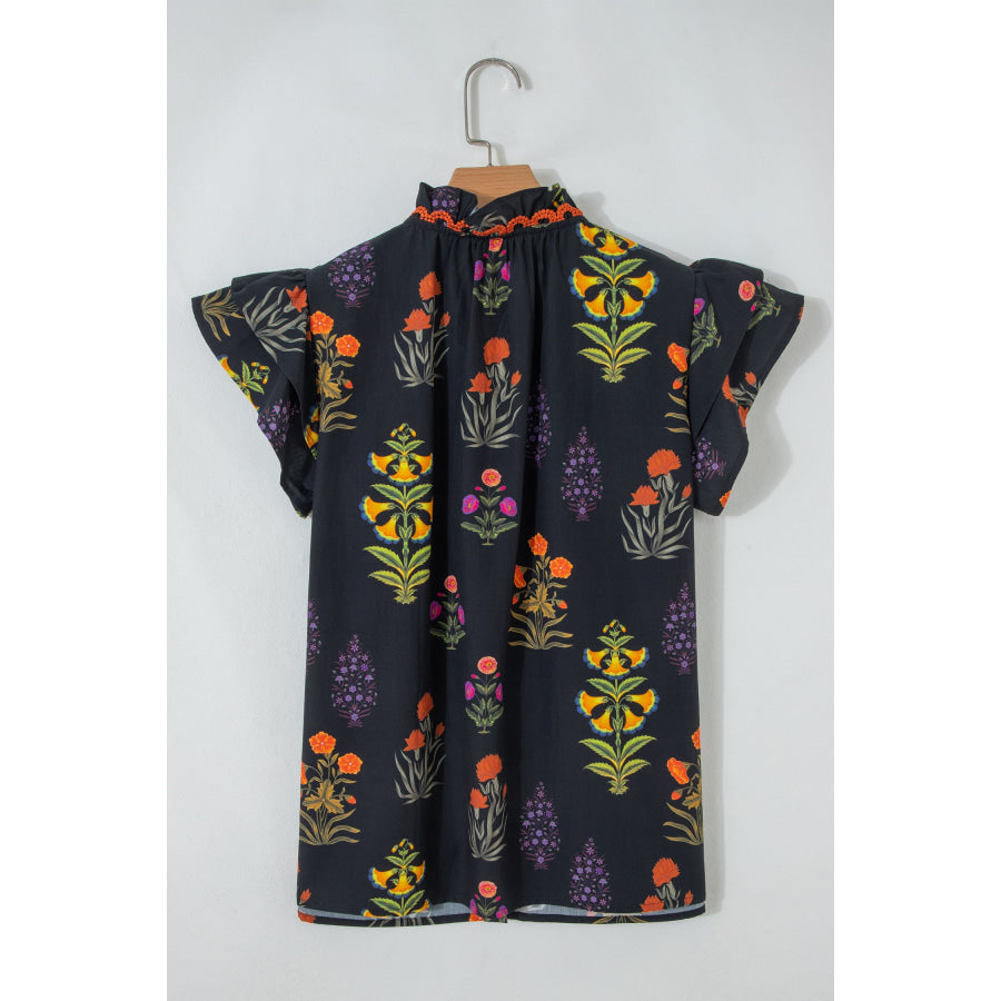 Black Floral Print Lace Trim Frilled V Neck Short Sleeve Shirt Tops/Blouses & Shirts