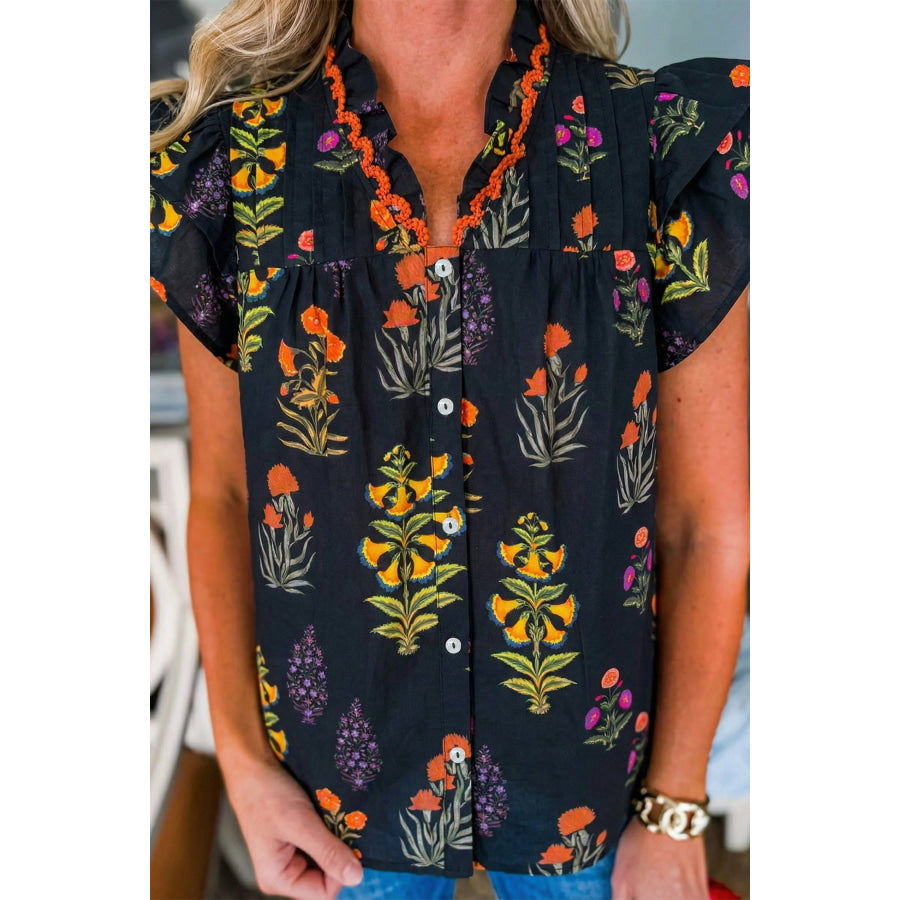 Black Floral Print Lace Trim Frilled V Neck Short Sleeve Shirt Tops/Blouses & Shirts