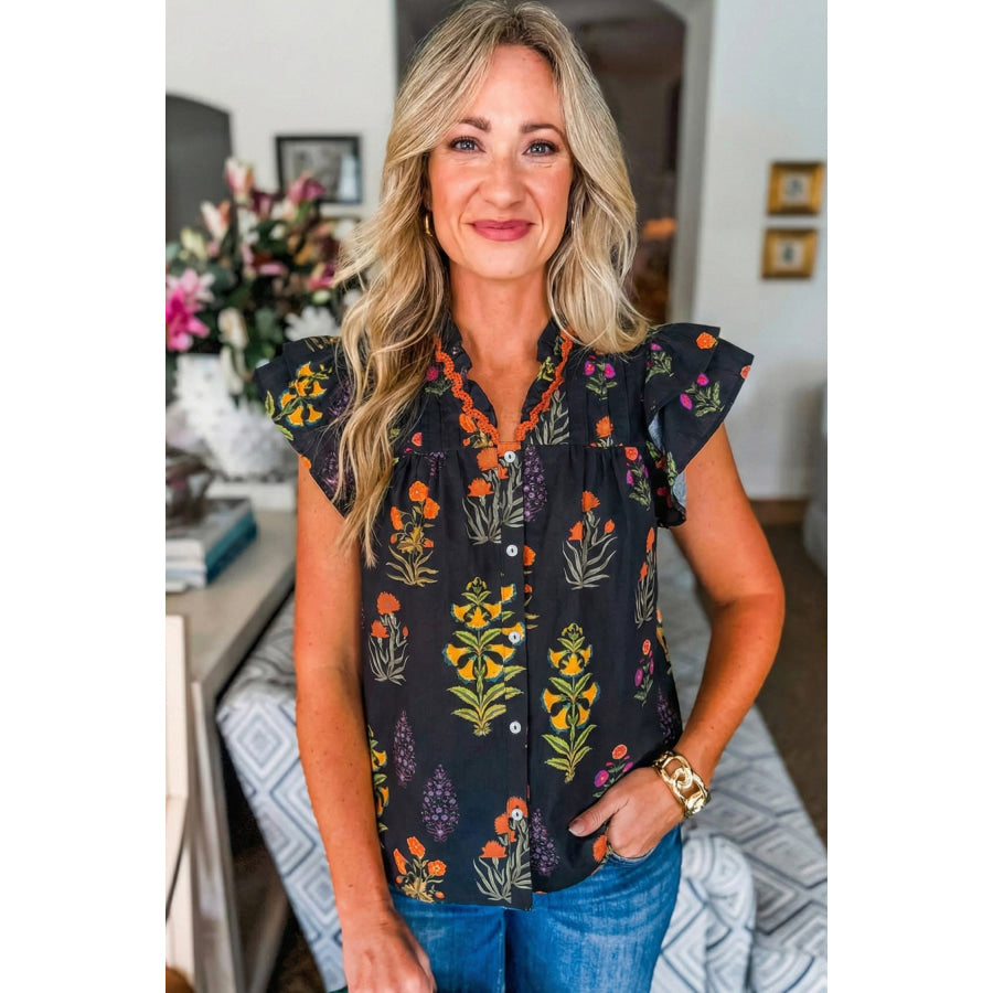 Black Floral Print Lace Trim Frilled V Neck Short Sleeve Shirt Tops/Blouses & Shirts