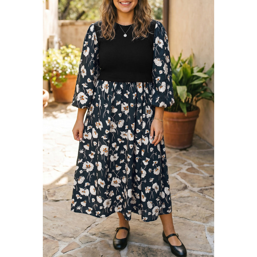 Black Floral Print Long Sleeve Round Neck Shift Plus Size Dress / 1X Size/Plus Dresses/Plus Midi Dresses