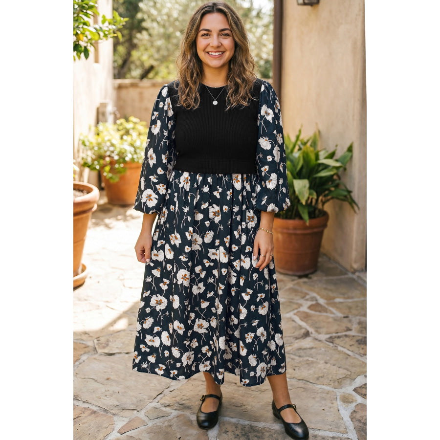 Black Floral Print Long Sleeve Round Neck Shift Plus Size Dress / 1X Size/Plus Dresses/Plus Midi Dresses