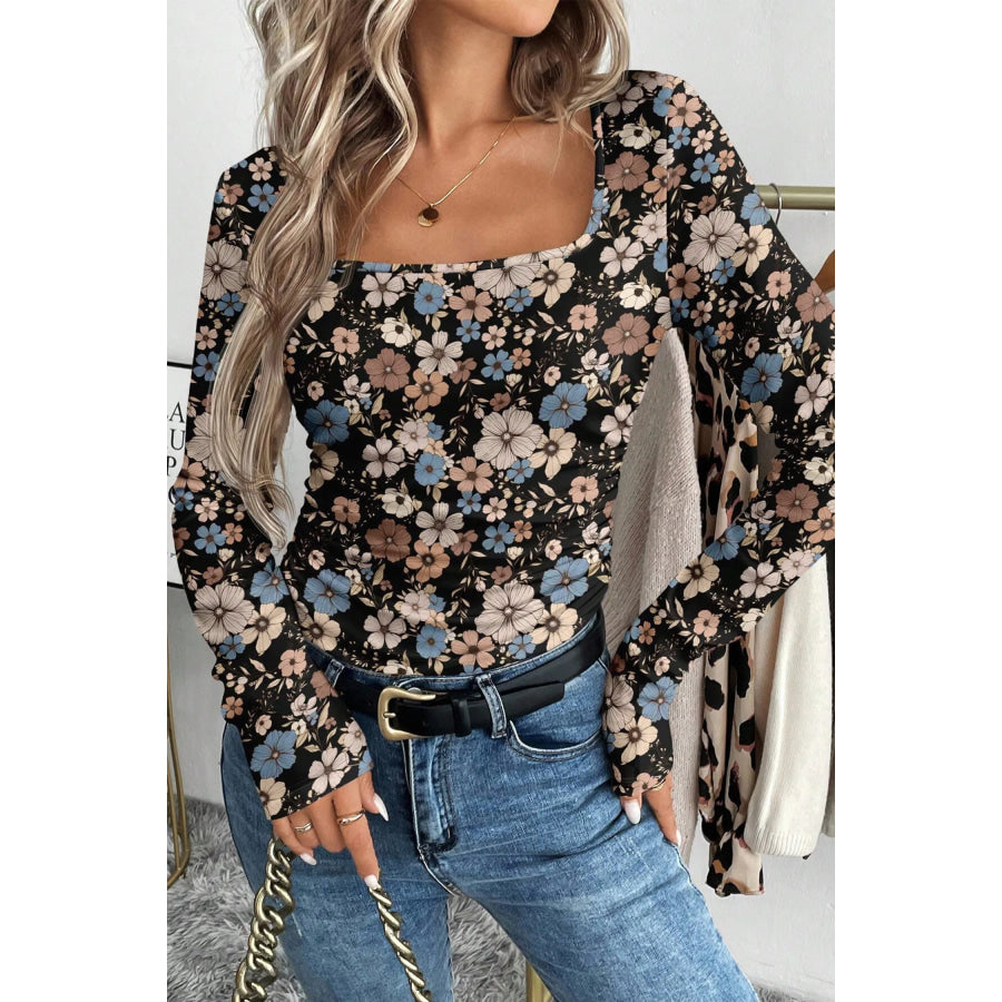 Black Floral Print Slim Long Sleeve T Shirt Black / S / 95% Polyester + 5% Elastane Tops/Long Sleeve Tops