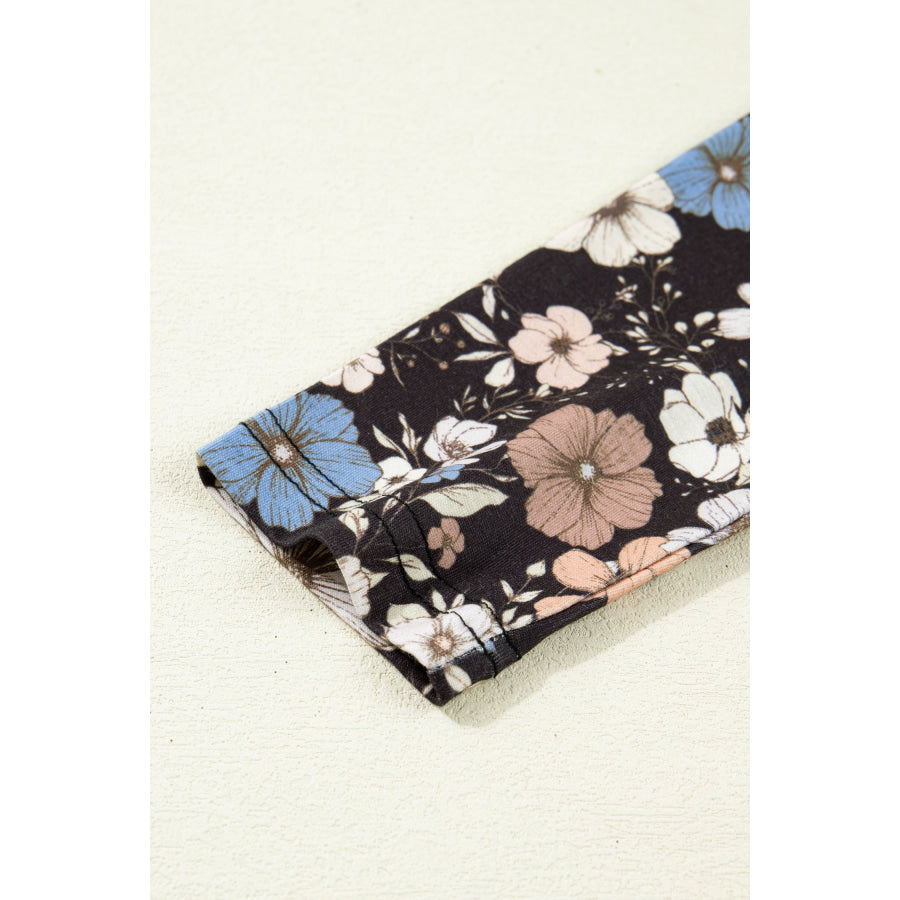 Black Floral Print Slim Long Sleeve T Shirt Tops/Long Sleeve Tops