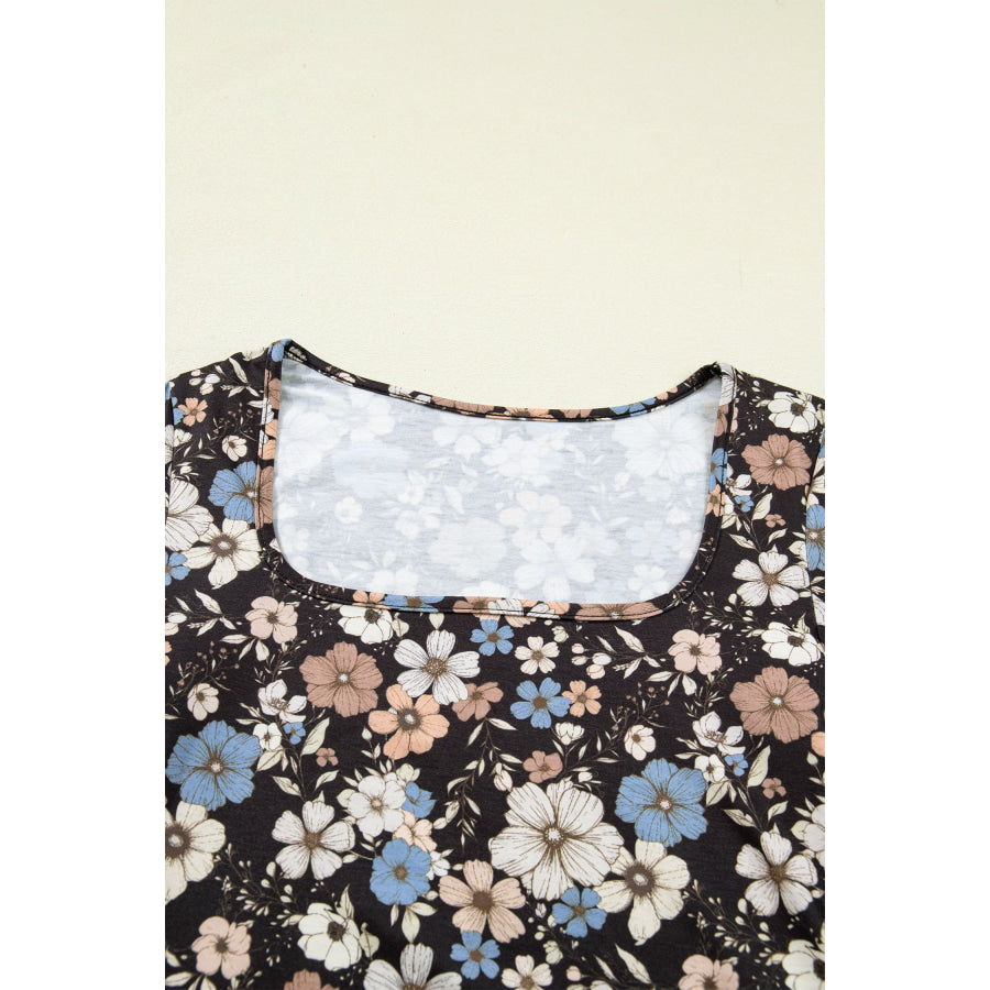 Black Floral Print Slim Long Sleeve T Shirt Tops/Long Sleeve Tops