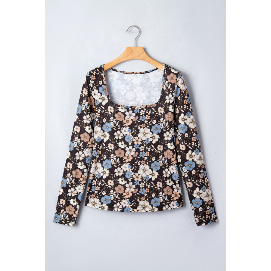 Black Floral Print Slim Long Sleeve T Shirt Tops/Long Sleeve Tops