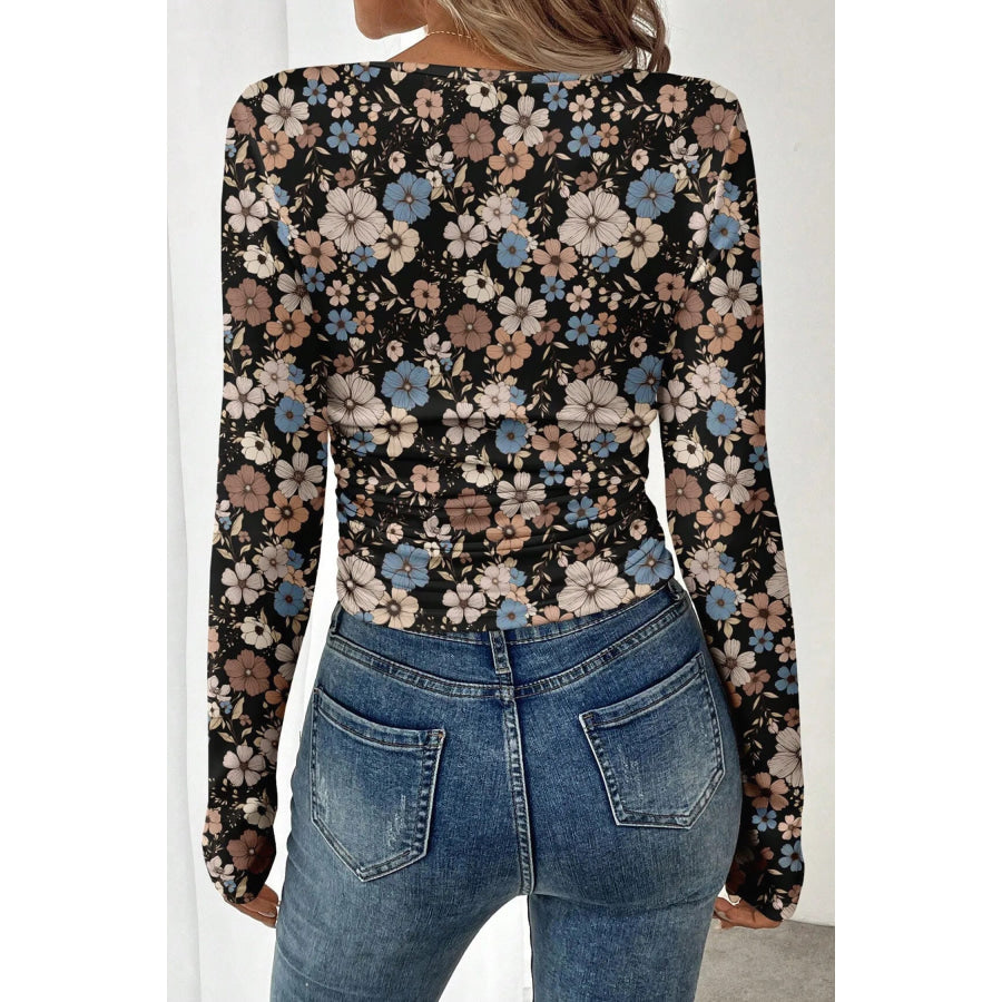Black Floral Print Slim Long Sleeve T Shirt Tops/Long Sleeve Tops
