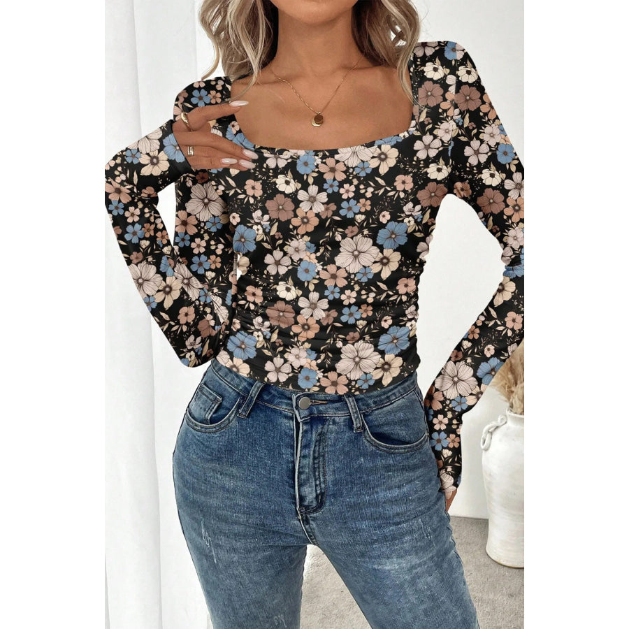 Black Floral Print Slim Long Sleeve T Shirt Tops/Long Sleeve Tops