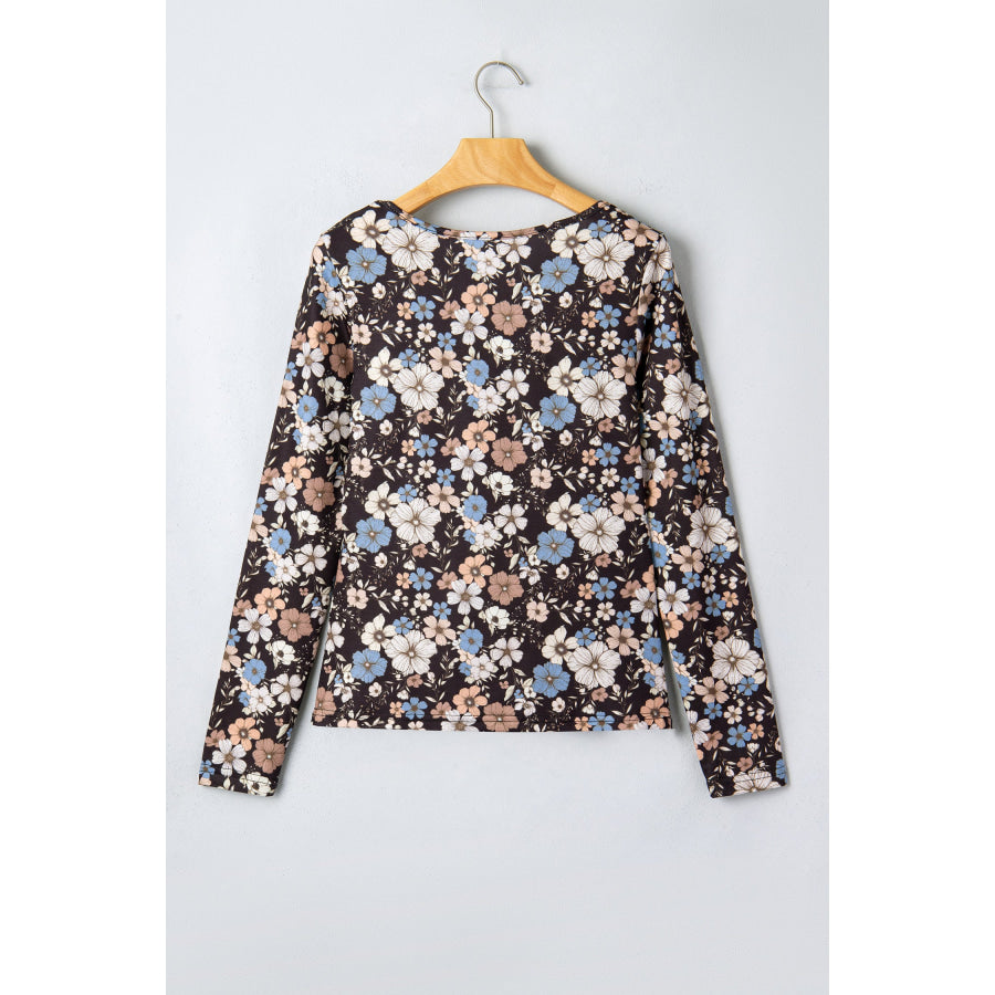 Black Floral Print Slim Long Sleeve T Shirt Tops/Long Sleeve Tops