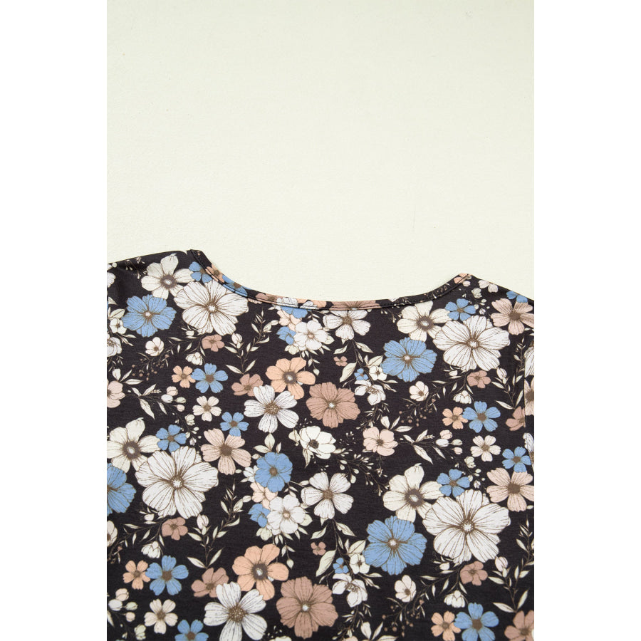Black Floral Print Slim Long Sleeve T Shirt Tops/Long Sleeve Tops