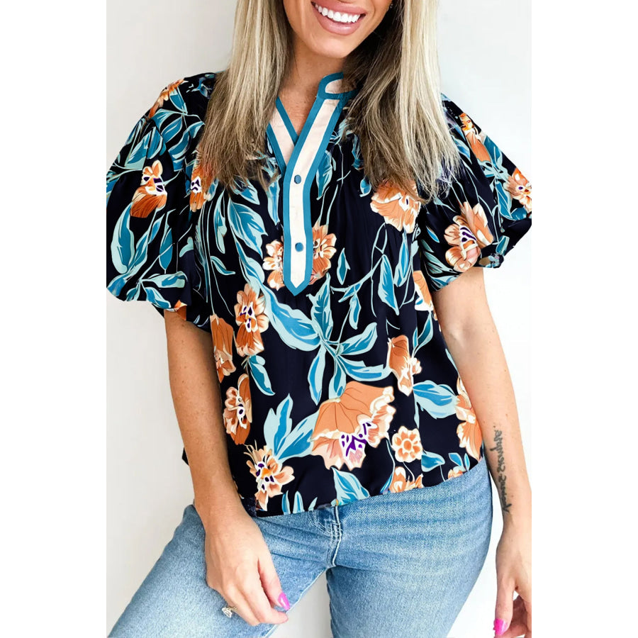 Black Floral Short Bubble Sleeve Buttoned Notched Neck Blouse Black / S / 100% Polyester Tops/Blouses & Shirts