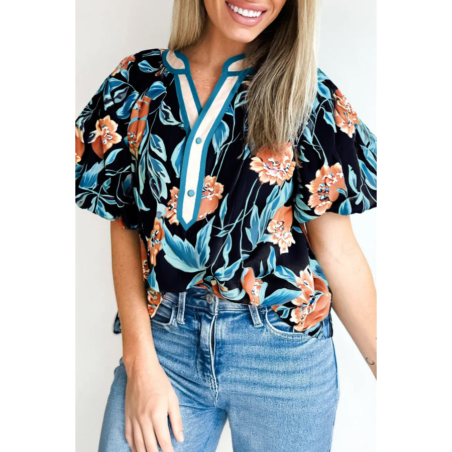 Black Floral Short Bubble Sleeve Buttoned Notched Neck Blouse Tops/Blouses & Shirts