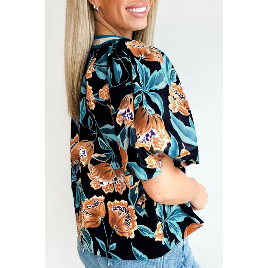 Black Floral Short Bubble Sleeve Buttoned Notched Neck Blouse Tops/Blouses & Shirts