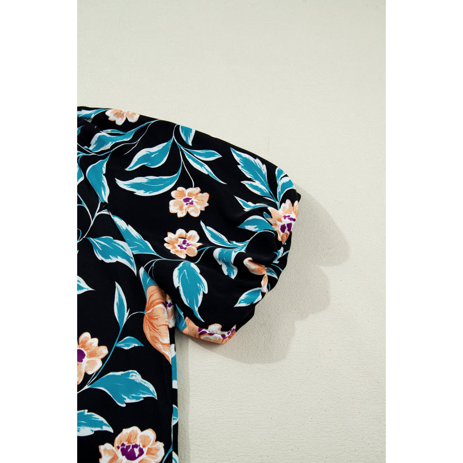 Black Floral Short Bubble Sleeve Buttoned Notched Neck Blouse Tops/Blouses & Shirts