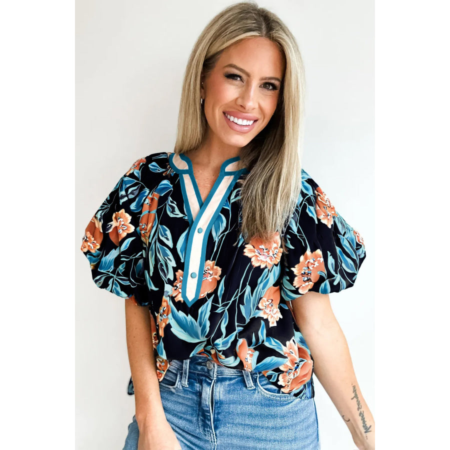 Black Floral Short Bubble Sleeve Buttoned Notched Neck Blouse Tops/Blouses & Shirts