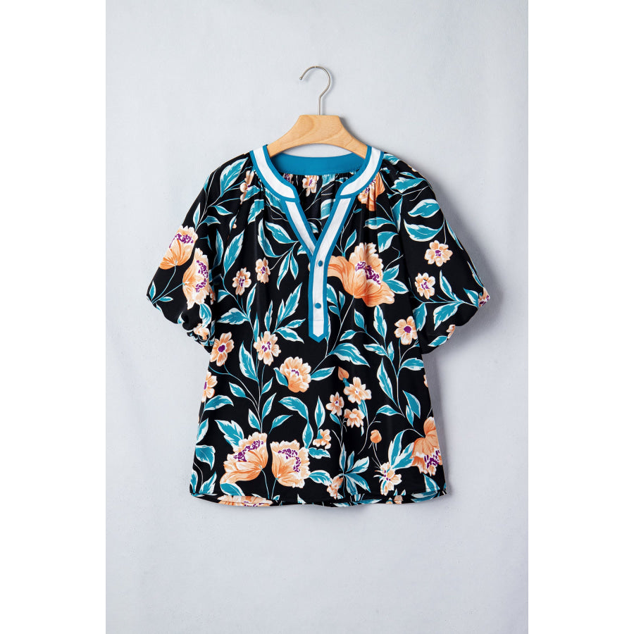 Black Floral Short Bubble Sleeve Buttoned Notched Neck Blouse Tops/Blouses & Shirts