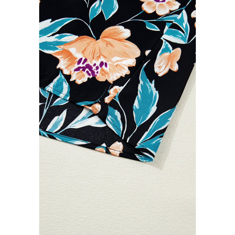Black Floral Short Bubble Sleeve Buttoned Notched Neck Blouse Tops/Blouses & Shirts