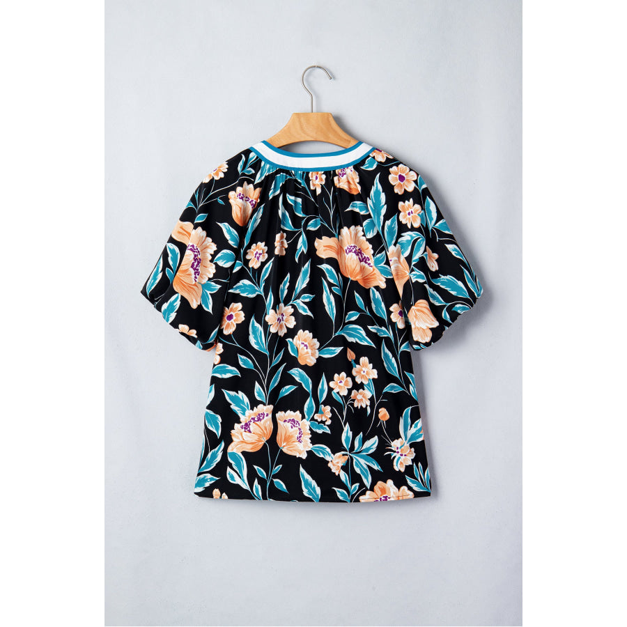 Black Floral Short Bubble Sleeve Buttoned Notched Neck Blouse Tops/Blouses & Shirts