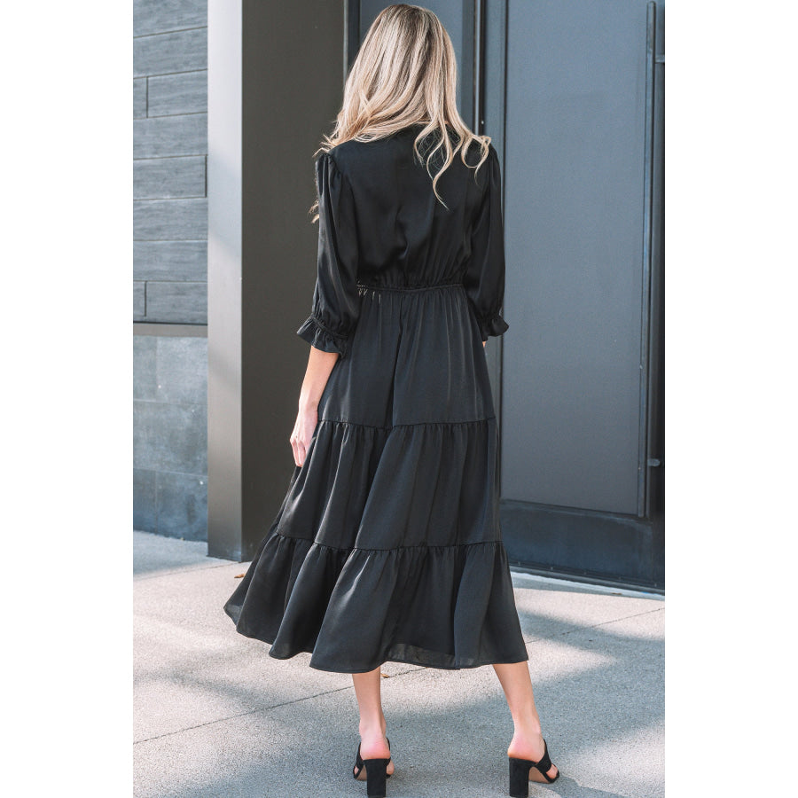 Black Flounced Bracelet Sleeve V Neck Tiered Maxi Dress Black / S / 100% Polyester Dresses/Maxi Dresses