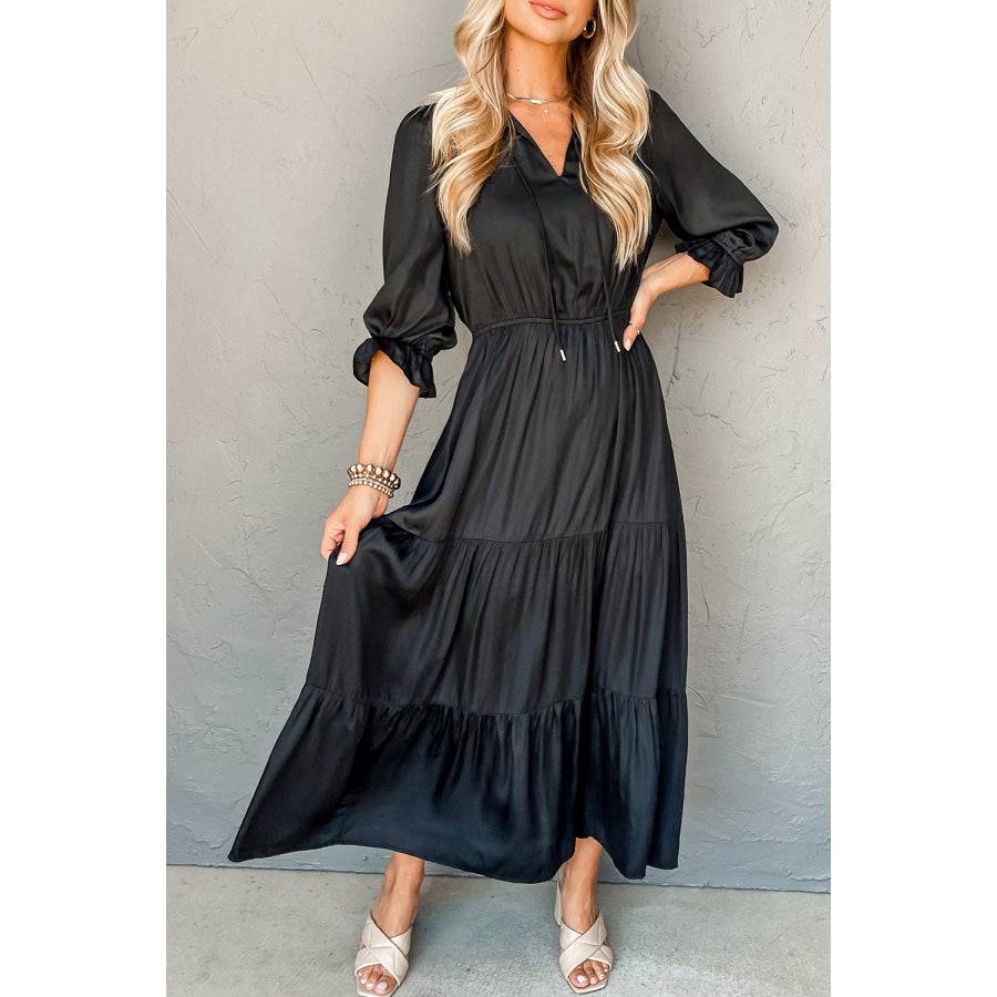 Black Flounced Bracelet Sleeve V Neck Tiered Maxi Dress Dresses/Maxi Dresses
