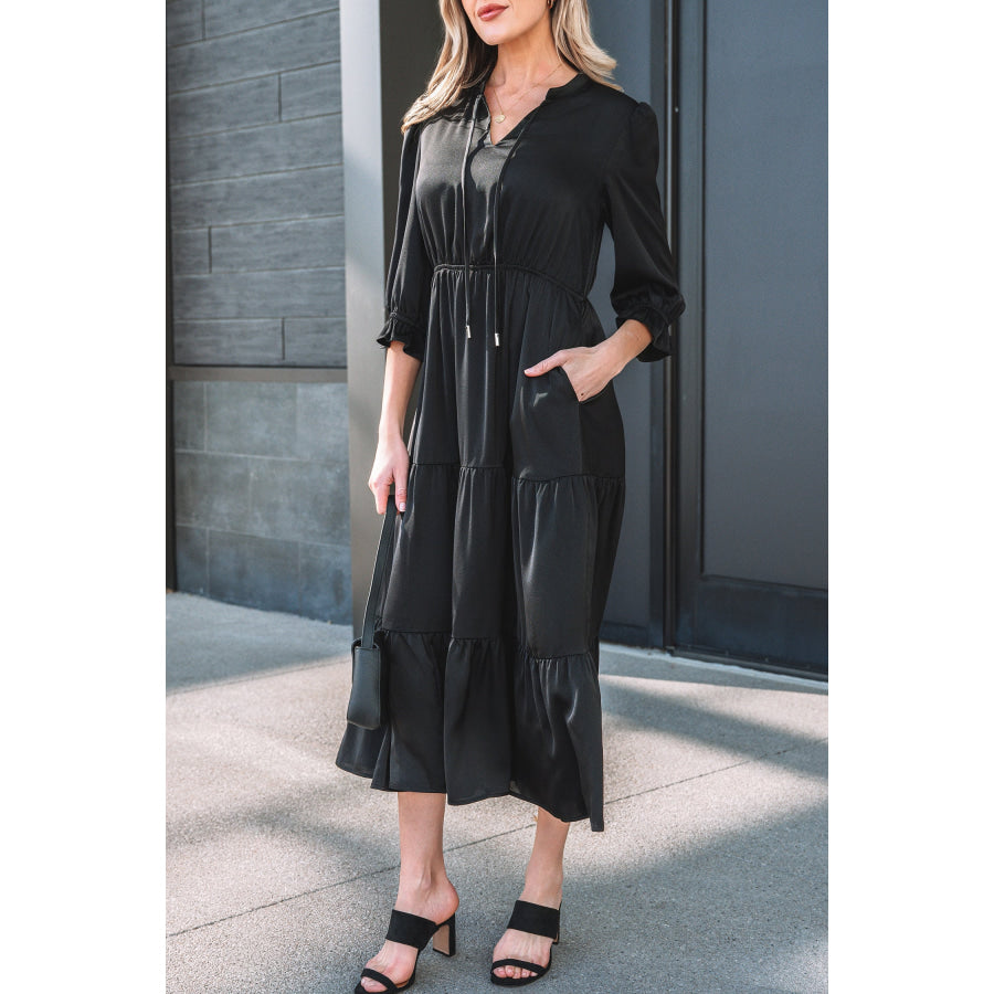Black Flounced Bracelet Sleeve V Neck Tiered Maxi Dress Dresses/Maxi Dresses