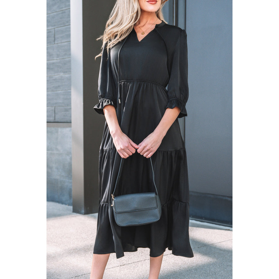 Black Flounced Bracelet Sleeve V Neck Tiered Maxi Dress Dresses/Maxi Dresses